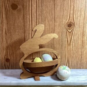 Hand Carved Wooden Bunny Basket with 3 Ceramic Eggs